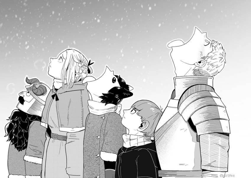 marcille donato, laios touden, senshi, chilchuck tims, and izutsumi (dungeon meshi) drawn by co1fee