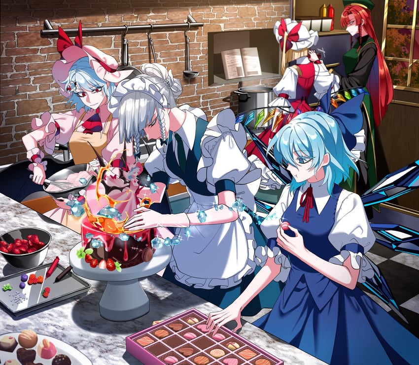 remilia scarlet, flandre scarlet, izayoi sakuya, cirno, and hong meiling (touhou) drawn by nubezon