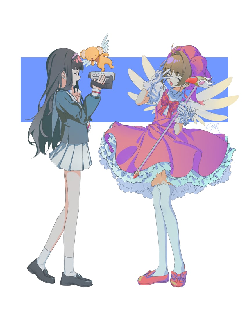 kinomoto sakura, kero, and daidouji tomoyo (cardcaptor sakura) drawn by cyue