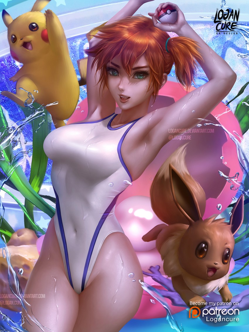pikachu, eevee, and misty (pokemon) drawn by logan_cure