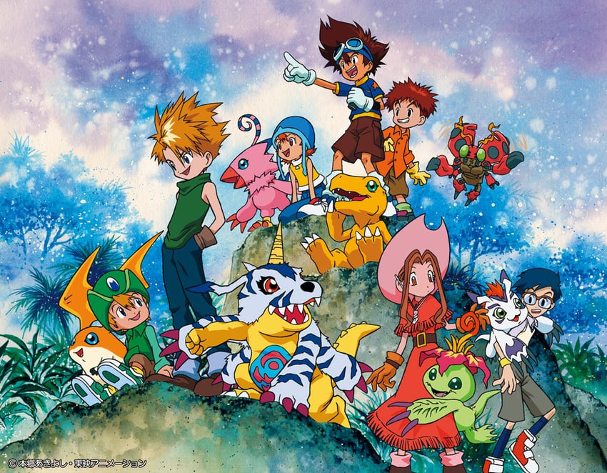 yagami taichi, agumon, tachikawa mimi, takenouchi sora, takaishi takeru, and 9 more (digimon and 1 more)