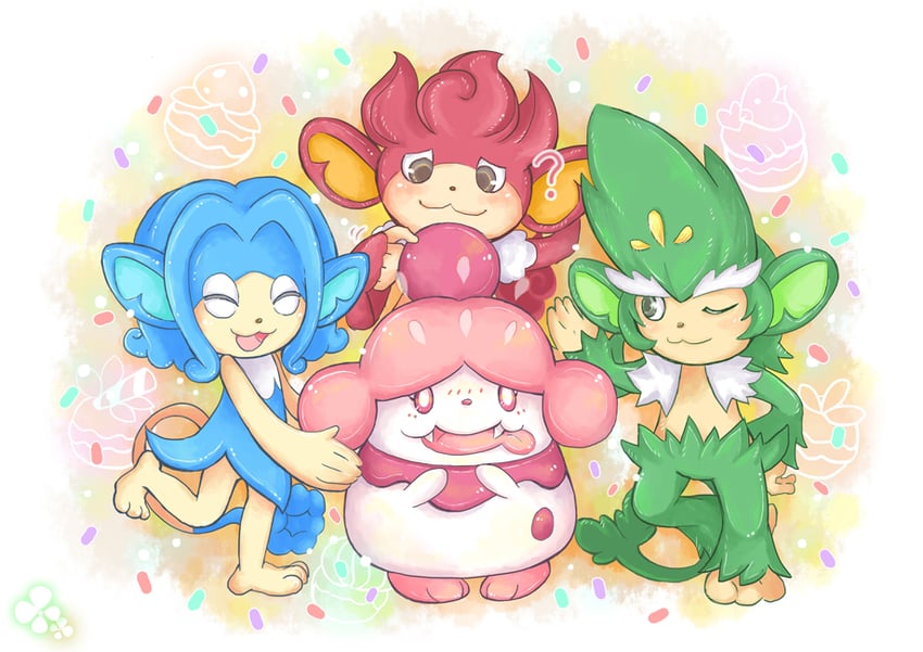 luvdisc, slurpuff, simipour, simisear, and simisage (pokemon) drawn by lilacerise