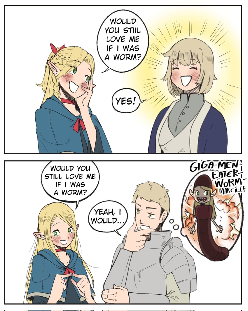 marcille donato, falin touden, and laios touden (dungeon meshi) drawn by wanderjegson