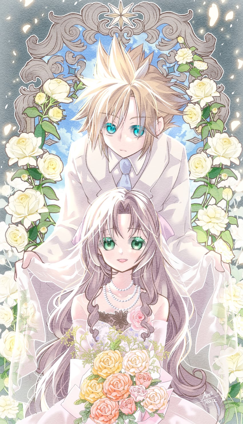 cloud strife and aerith gainsborough (final fantasy and 2 more) drawn by arestear0701