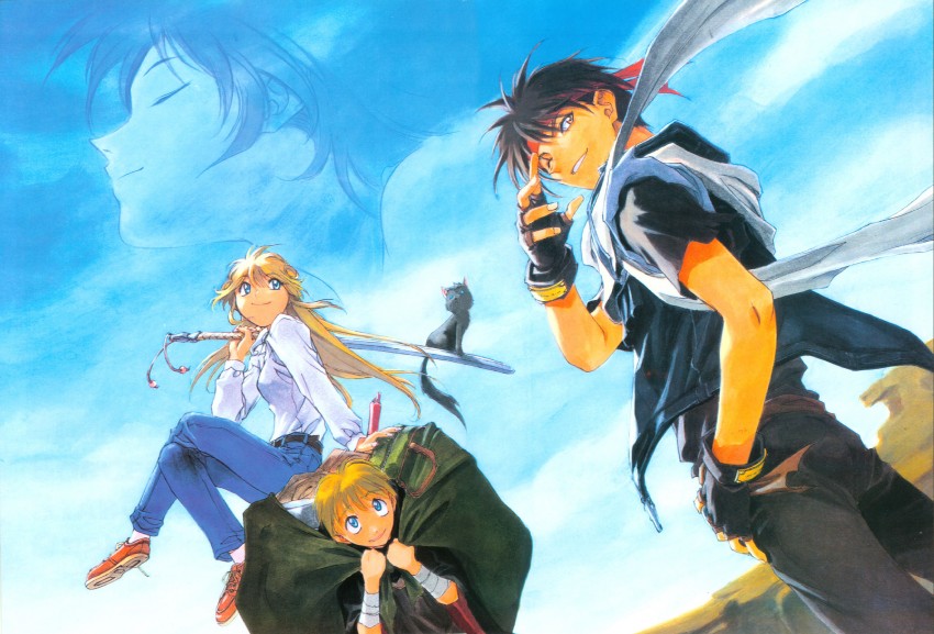 orphen, cleo everlastin, majic lin, leki, and azalie cait sith (majutsushi orphen) drawn by kusaka_yuuya
