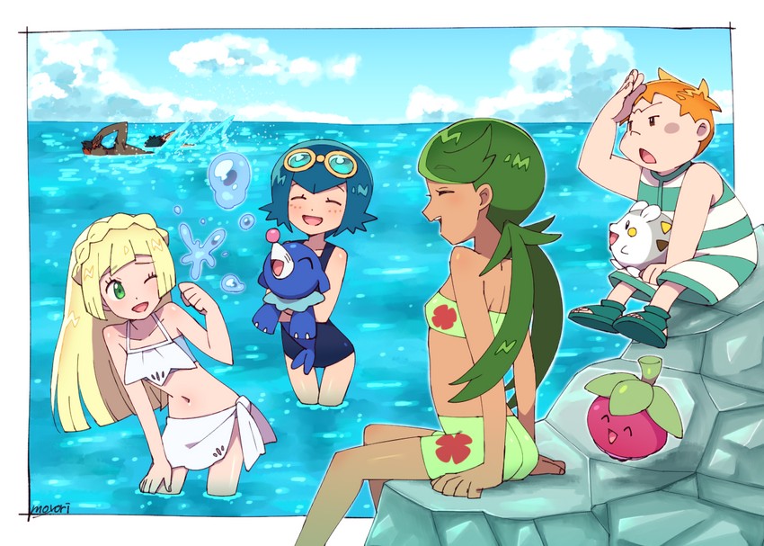 lillie, lana, mallow, popplio, kiawe, and 3 more (pokemon and 1 more) drawn by moyori