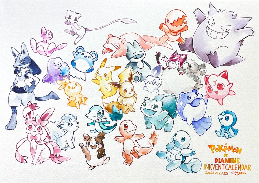 pikachu, eevee, piplup, lucario, sylveon, and 20 more (pokemon) drawn by coogee