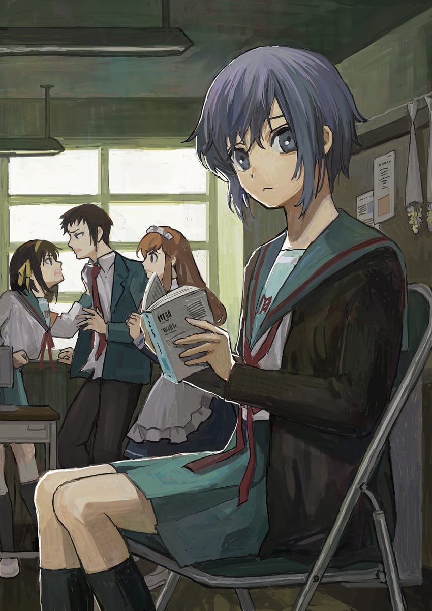 suzumiya haruhi, nagato yuki, asahina mikuru, and kyon (suzumiya haruhi no yuuutsu) drawn by niwano_(nnn)