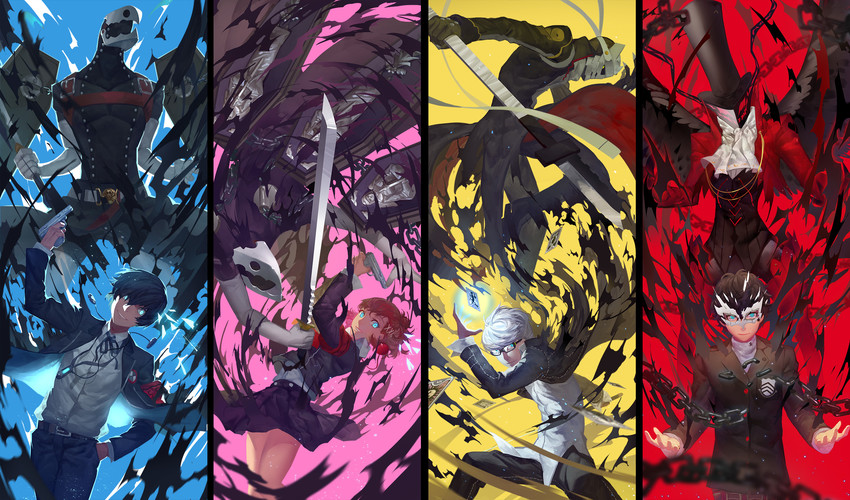 narukami yu, yuuki makoto, amamiya ren, shiomi kotone, thanatos, and 2 more (persona and 4 more) drawn by club3