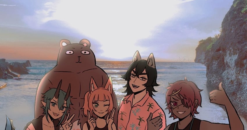 woof woffle, fox daya, sea urchin captain, and doradon jinou (indie virtual youtuber and 1 more) drawn by foxdaya_(artist)