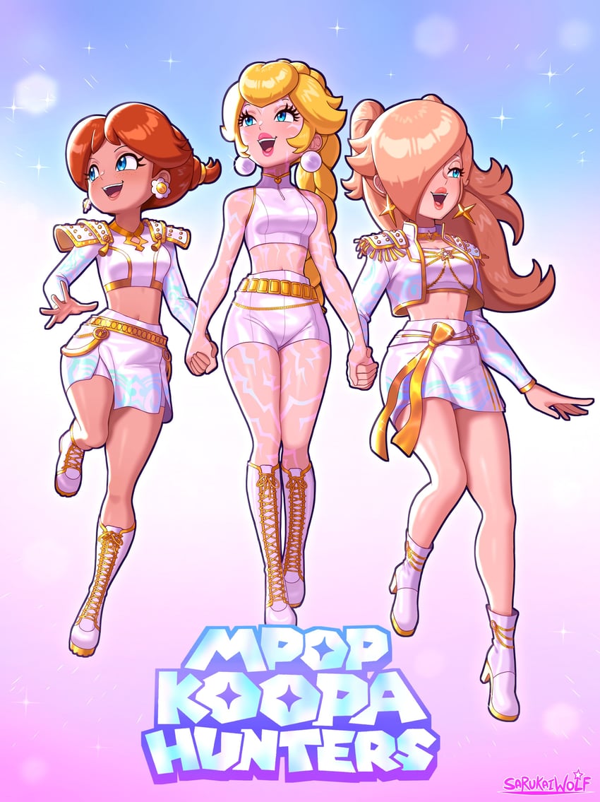 princess peach, rosalina, princess daisy, rumi, zoey, and 1 more (mario and 1 more) drawn by sarukaiwolf
