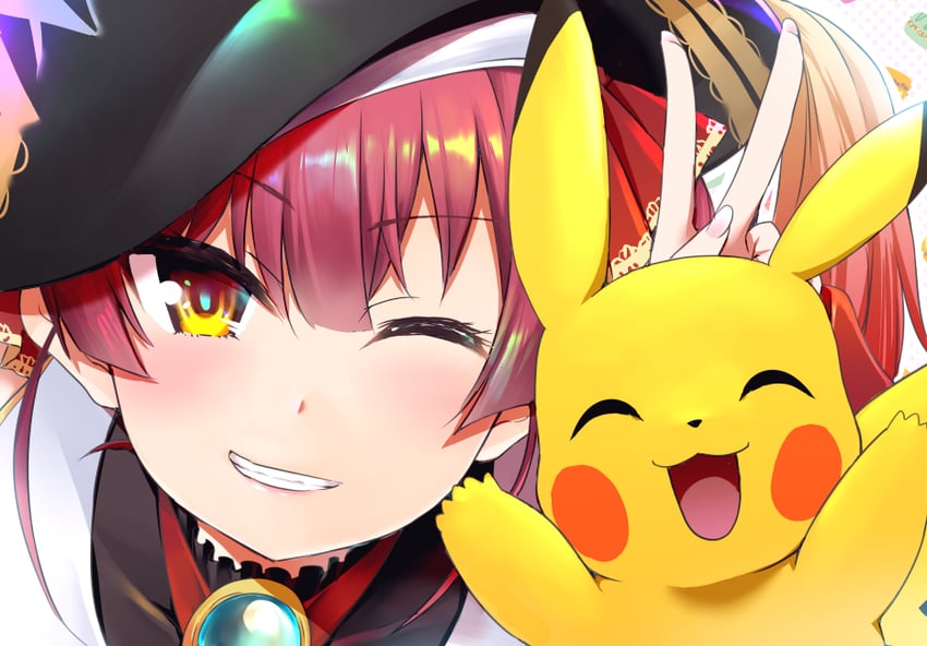 houshou marine and pikachu (pokemon and 1 more) drawn by makishima_rin