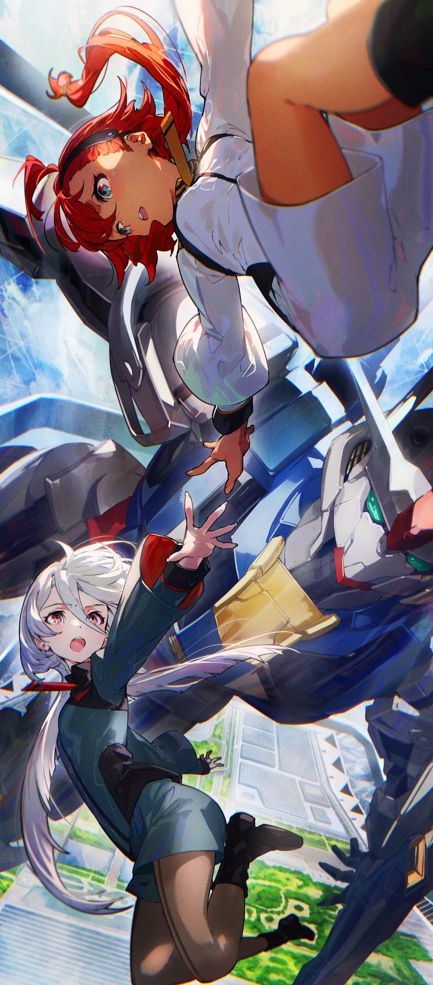 suletta mercury, miorine rembran, and gundam aerial (gundam and 1 more) drawn by mika_pikazo