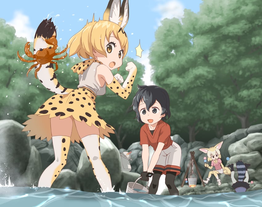 serval, kaban, common raccoon, and fennec (kemono friends) drawn by tamagoya