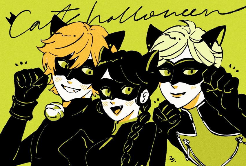 marinette dupain-cheng, adrien agreste, chat noir, lady noir, and chat walker (miraculous ladybug) drawn by oh_mylady19