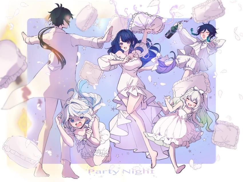 raiden shogun, furina, nahida, zhongli, and venti (genshin impact) drawn by naruka_(ynarukay)