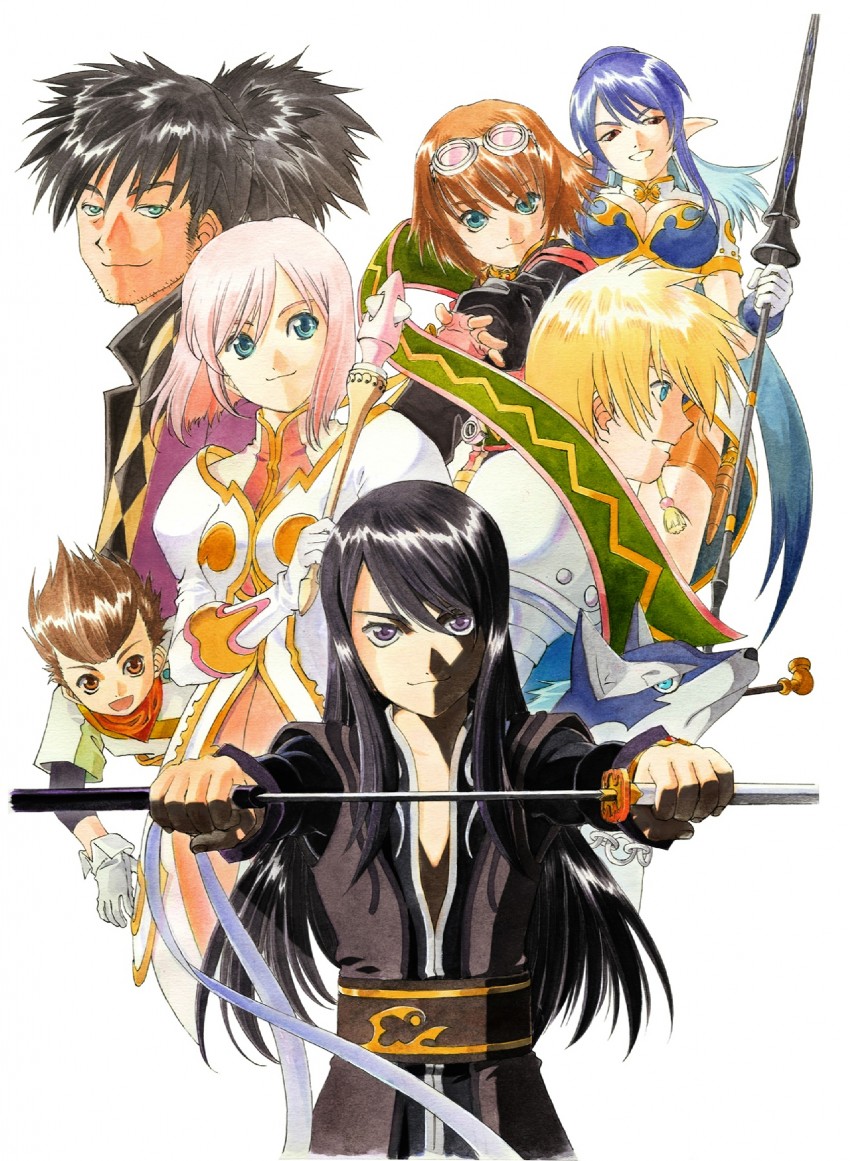 yuri lowell, estellise sidos heurassein, rita mordio, judith, raven, and 3 more (tales of and 1 more) drawn by fujishima_kousuke
