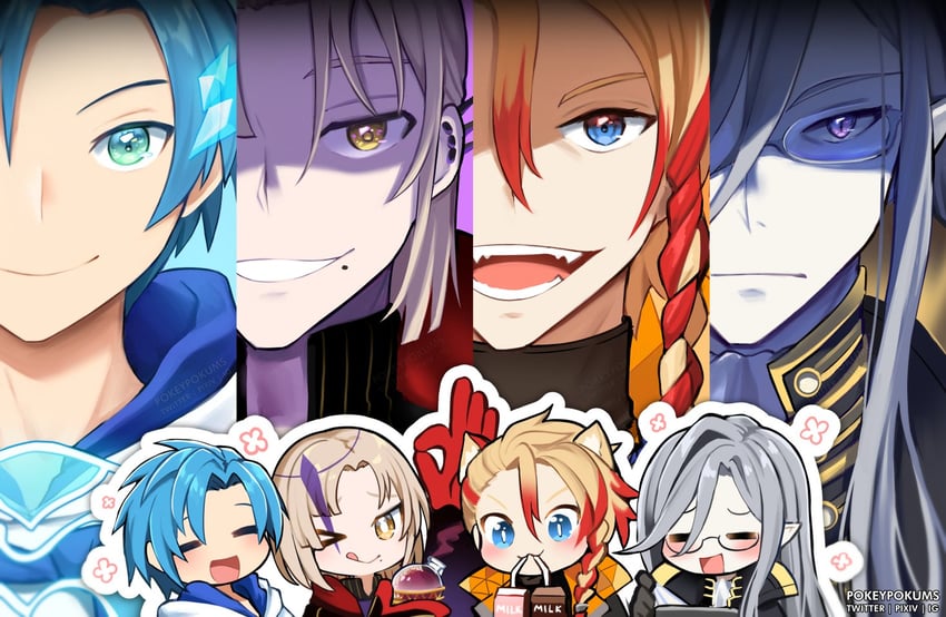 regis altare, axel syrios, magni dezmond, and noir vesper (holostars and 1 more) drawn by pokey