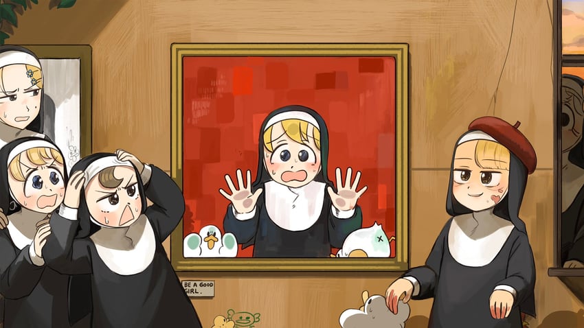 clumsy nun, froggy nun, spicy nun, strict nun, and bunny nun (little nuns) drawn by diva_(hyxpk)