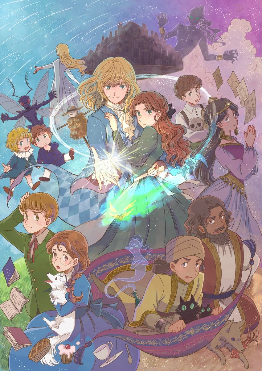 howl pendragon, sophie hatter, calcifer, michael fisher, morgan pendragon, and 3 more (howl no ugoku shiro and 3 more) drawn by purpleboots