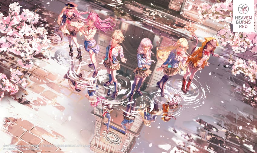kayamori ruka, izumi yuki, asakura karen, toujou tsukasa, aikawa megumi, and 1 more (heaven burns red and 2 more) drawn by kei_(keiuu)
