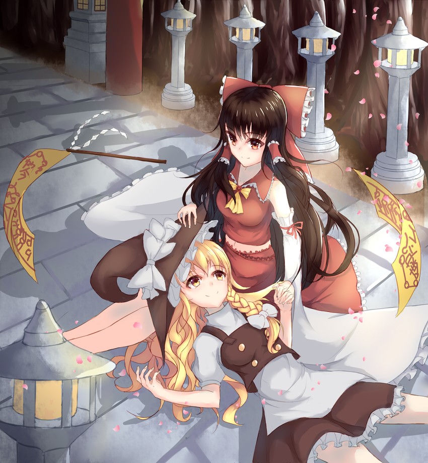 hakurei reimu and kirisame marisa (touhou) drawn by yorurui_sansan