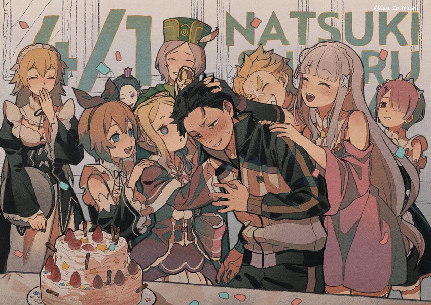 emilia, ram, natsuki subaru, beatrice, petra leyte, and 4 more (re:zero kara hajimeru isekai seikatsu) drawn by iwamushi