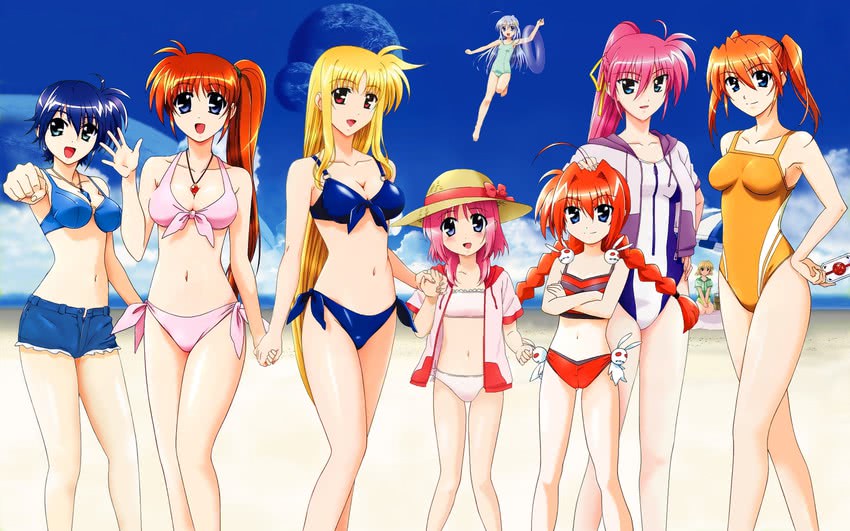 fate testarossa, takamachi nanoha, raising heart, vita, signum, and 8 more (lyrical nanoha and 1 more) drawn by okuda_yasuhiro
