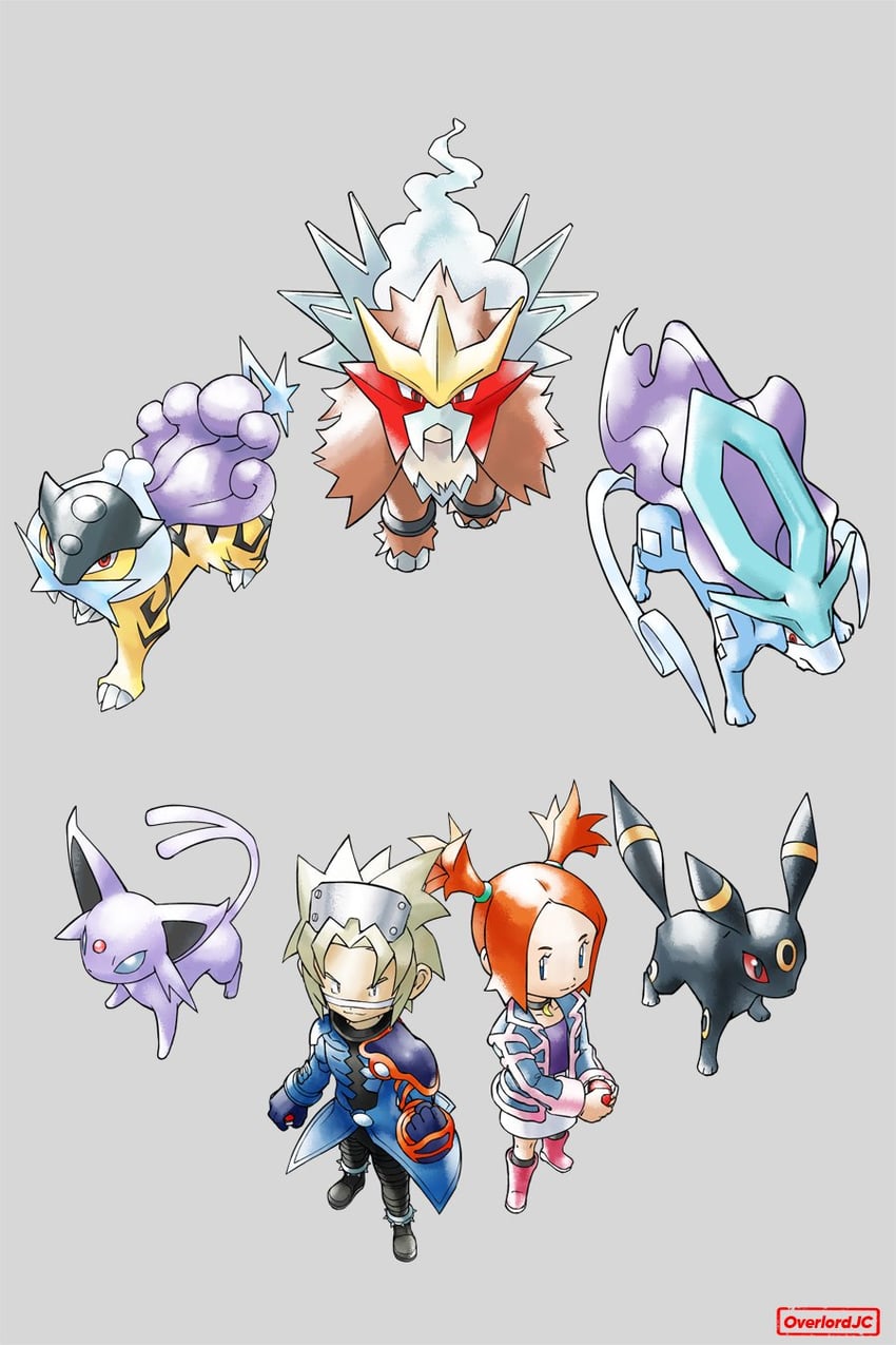 umbreon, espeon, suicune, raikou, entei, and 2 more (pokemon and 1 more) drawn by overlord_jc