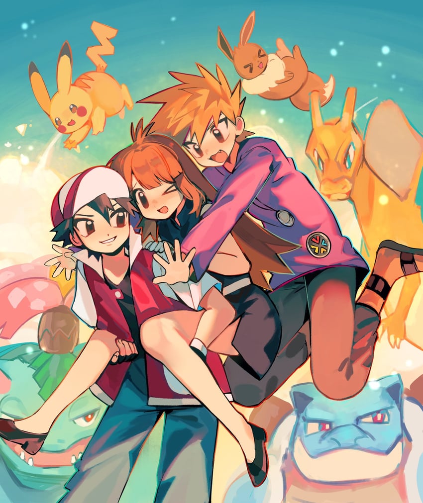 pikachu, red, eevee, blue oak, charizard, and 3 more (pokemon and 1 more) drawn by ki2ri5