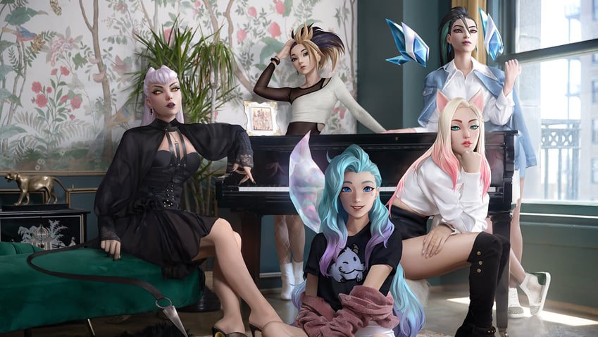 ahri, akali, evelynn, kai'sa, k/da all out evelynn, and 9 more (league of legends) drawn by muju