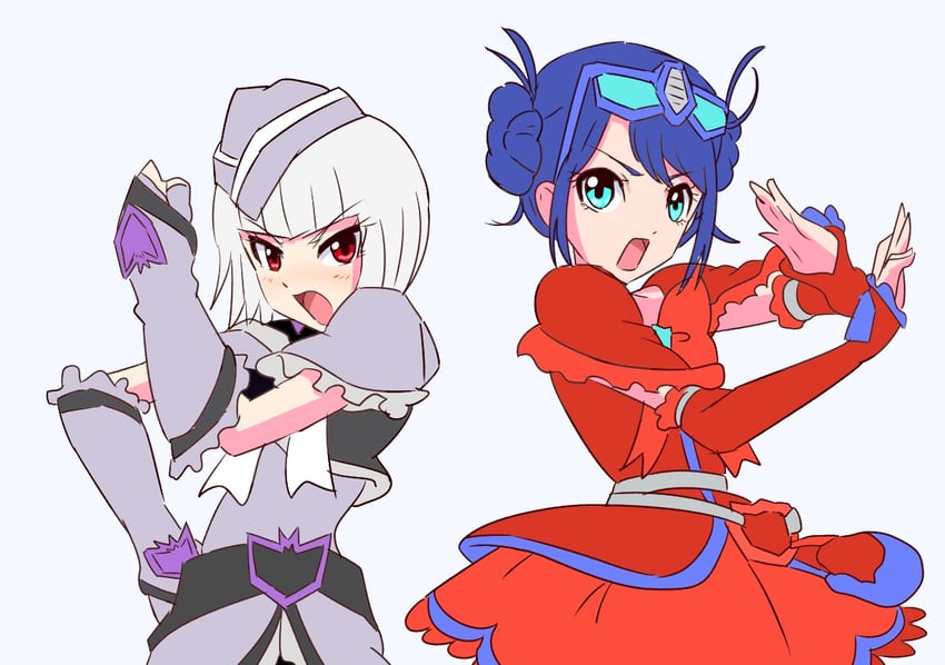 cure black, cure white, optimus prime, and megatron (precure and 3 more) drawn by fumiki_rikiya