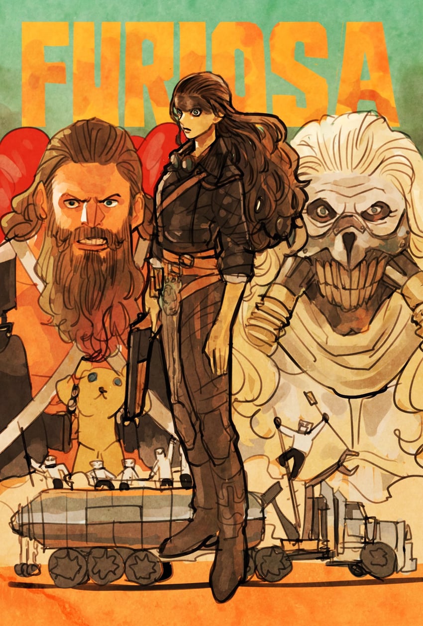 imperator furiosa, immortan joe, anya taylor-joy, chris hemsworth, and dementus (mad max and 1 more) drawn by takeuchi_ryousuke