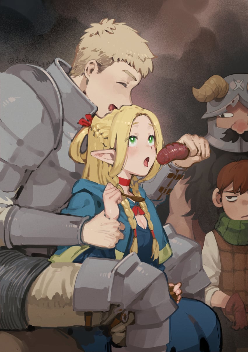 marcille donato, laios touden, senshi, and chilchuck tims (dungeon meshi) drawn by doehorn
