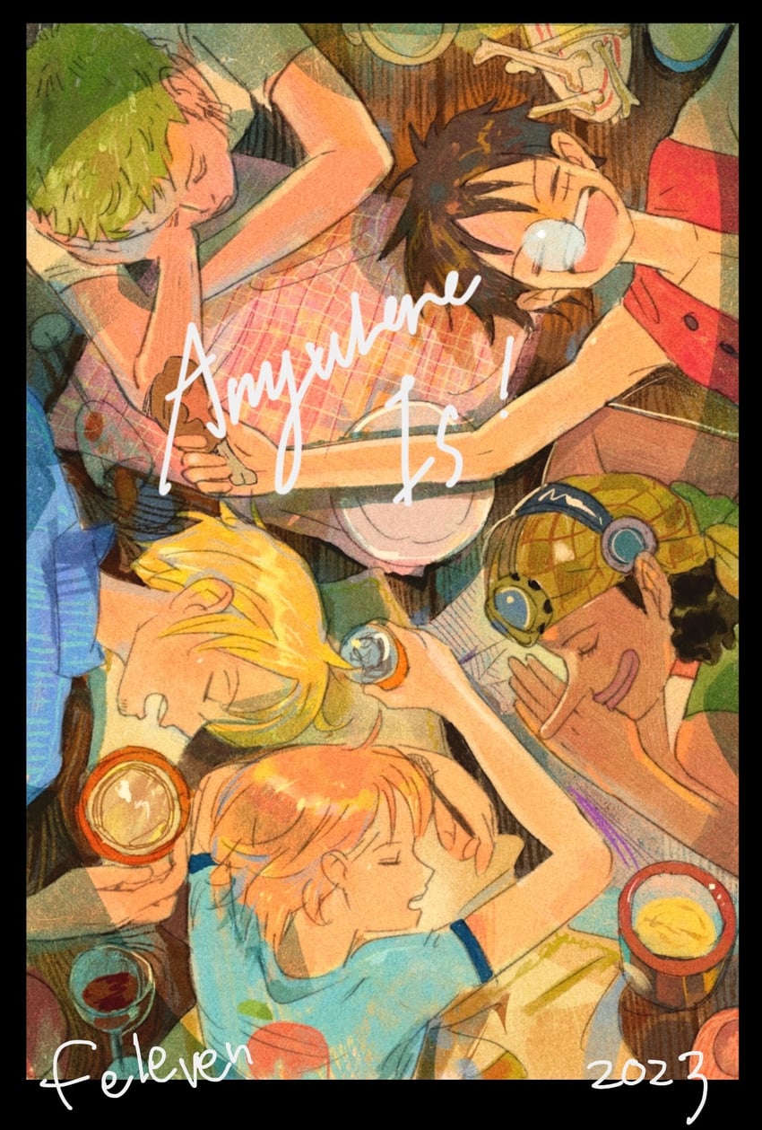 nami, monkey d. luffy, roronoa zoro, sanji, and usopp (one piece) drawn by feleven