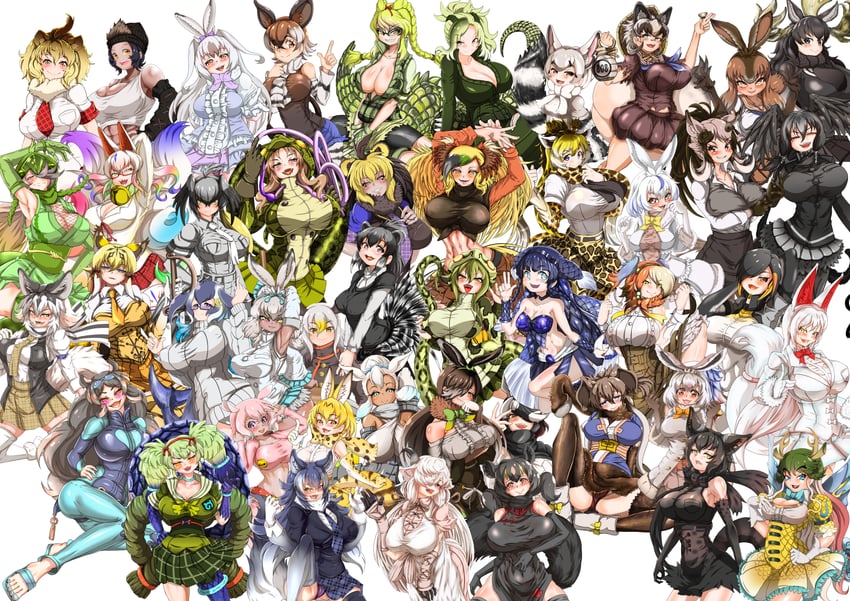 serval, shoebill, lion, blue whale, saltwater crocodile, and 8 more (kemono friends) drawn by tunndererabu