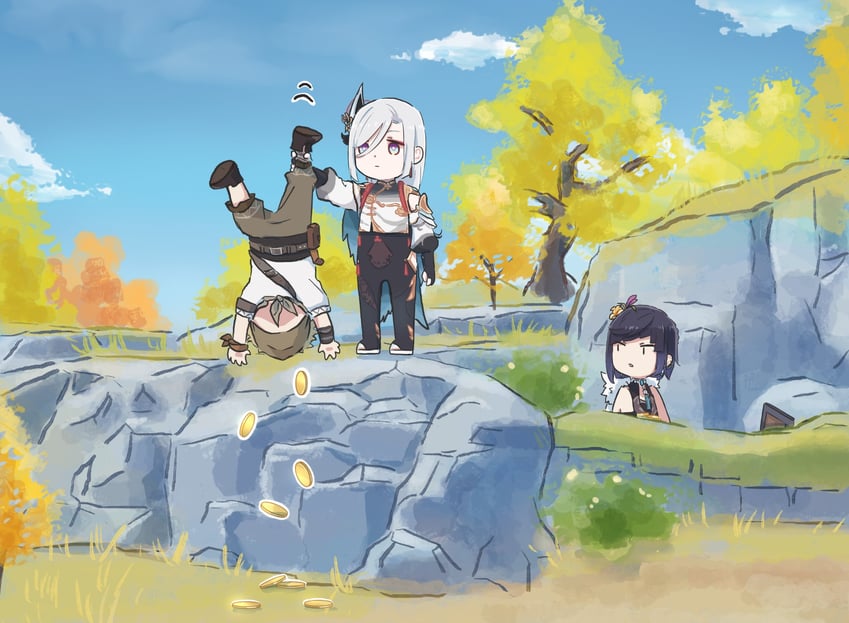 shenhe, yelan, and treasure hoarder (genshin impact) drawn by xinzoruo
