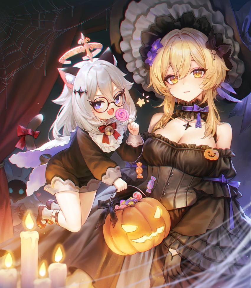 lumine, paimon, and abyss mage (genshin impact) drawn by adelie_cat