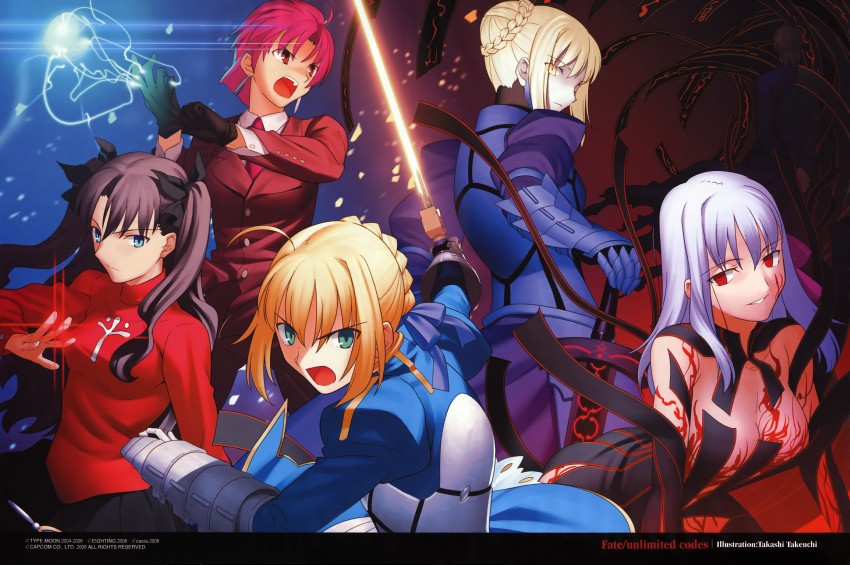 artoria pendragon, saber, tohsaka rin, saber alter, matou sakura, and 2 more (fate and 1 more) drawn by takeuchi_takashi