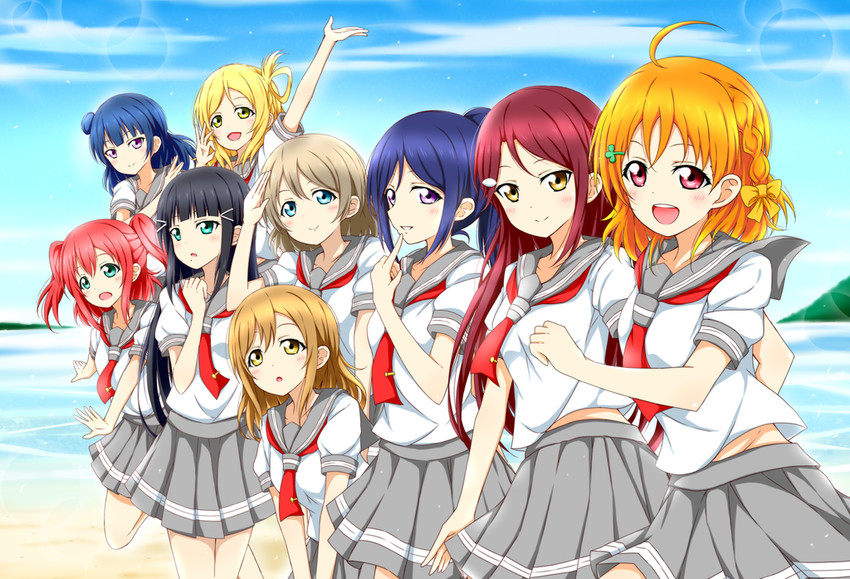 watanabe you, tsushima yoshiko, sakurauchi riko, takami chika, matsuura kanan, and 4 more (love live! and 1 more) drawn by karamoneeze
