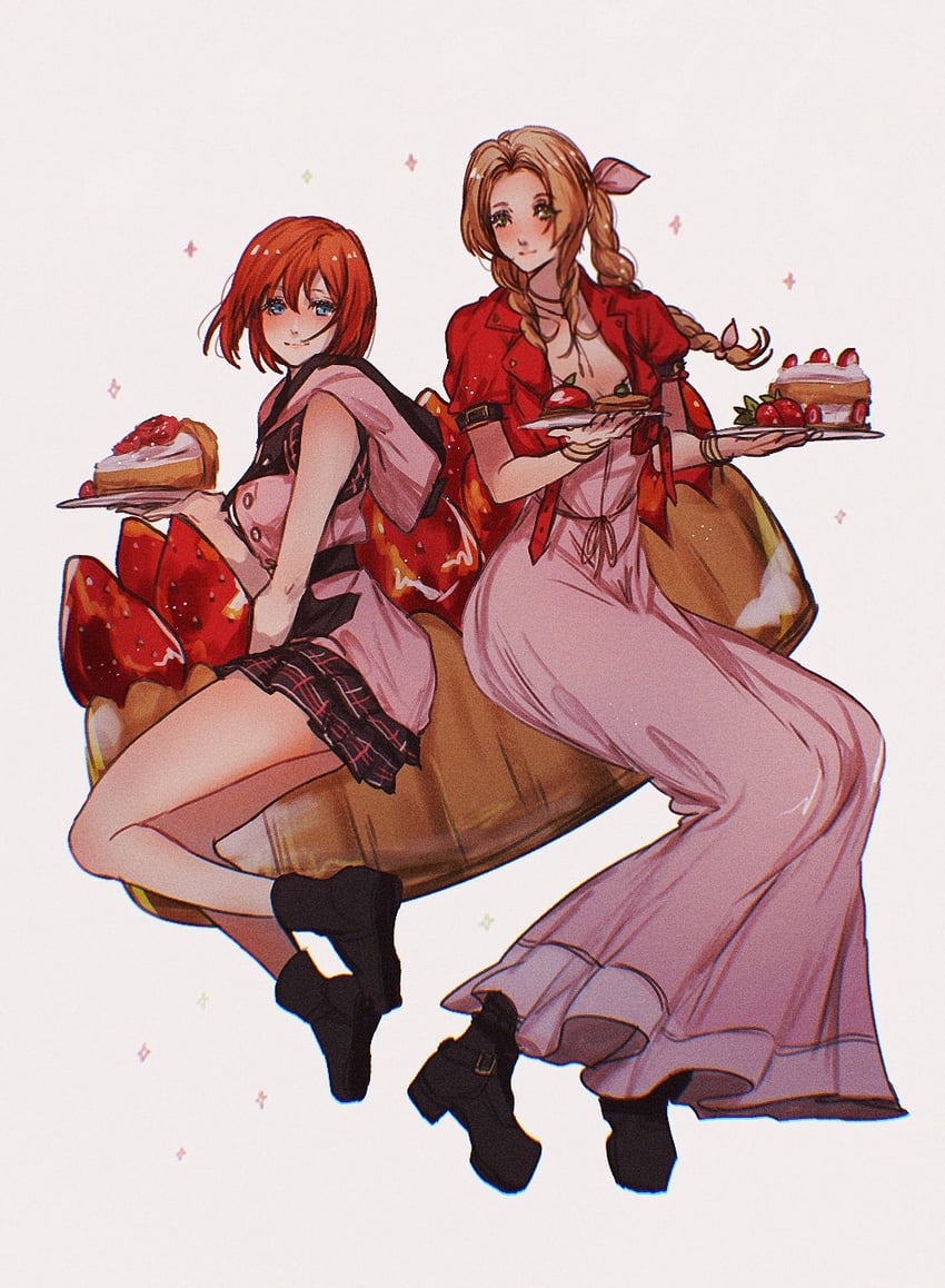 aerith gainsborough and kairi (final fantasy and 4 more) drawn by sera_(serappi)