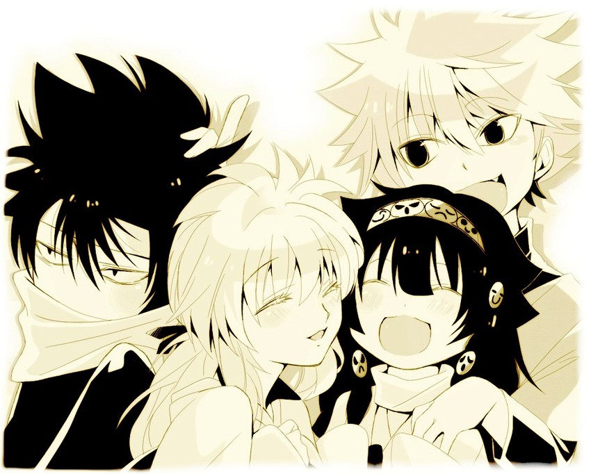 killua zoldyck, alluka zoldyck, hiei, and yukina (hunter x hunter and 1 more) drawn by sakakimu