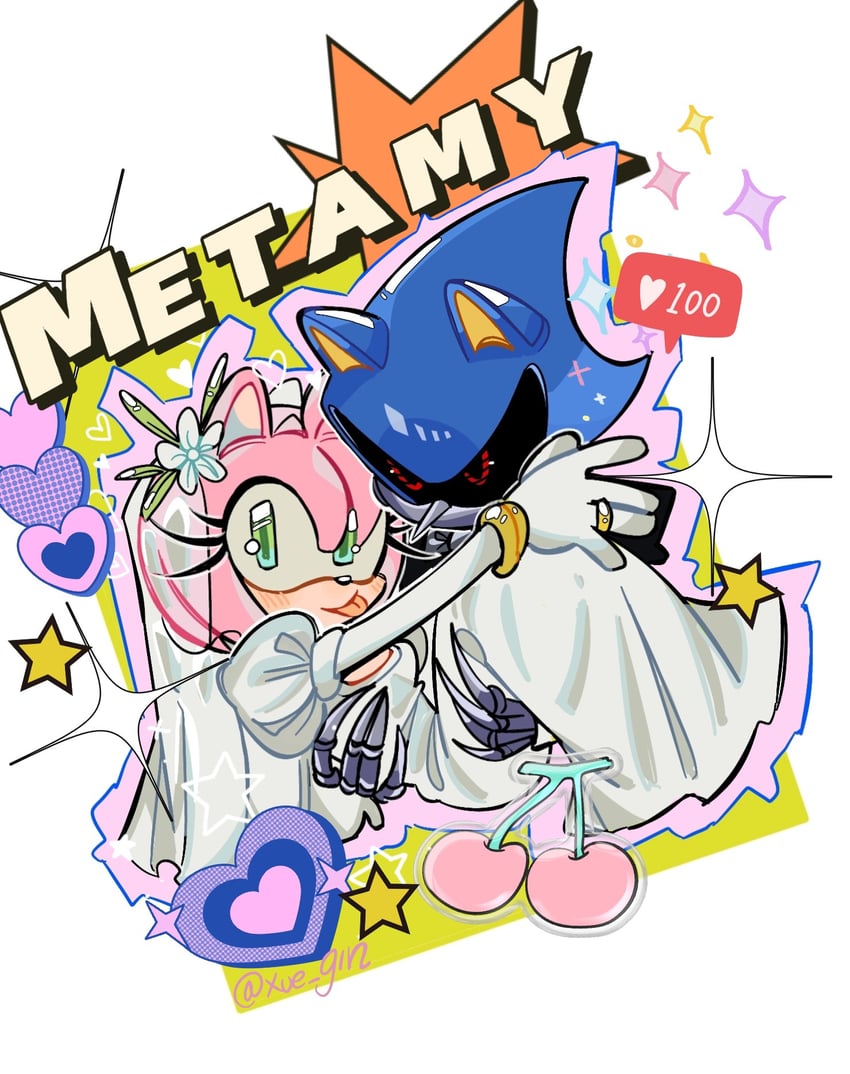 amy rose and metal sonic (sonic) drawn by xue_gin