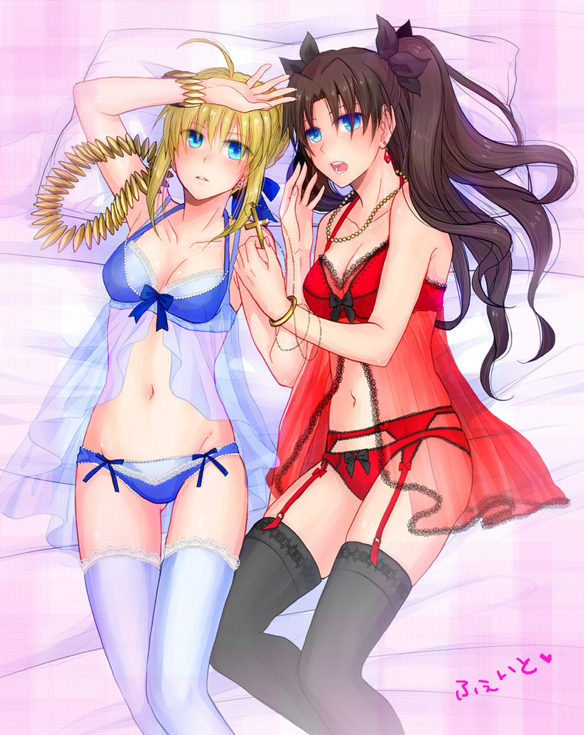 artoria pendragon, saber, and tohsaka rin (fate and 1 more) drawn by hashibayachi