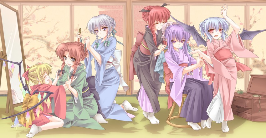 remilia scarlet, flandre scarlet, izayoi sakuya, patchouli knowledge, hong meiling, and 1 more (touhou) drawn by monety
