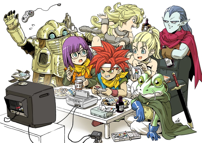 lucca ashtear, crono, marle, ayla, frog, and 3 more (chrono trigger) drawn by ebiten_(ebi10d)