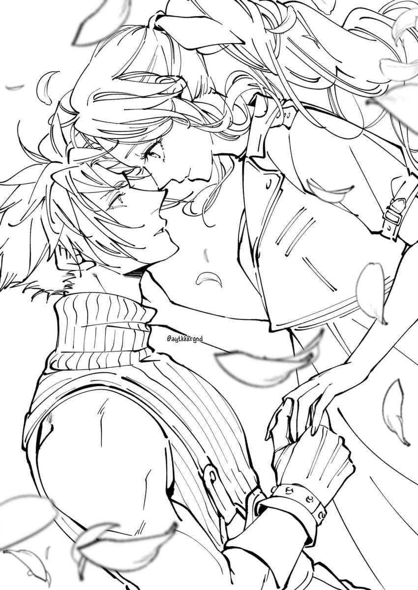 cloud strife and aerith gainsborough (final fantasy and 2 more) drawn by ayataka_(aytkkkrgnd)