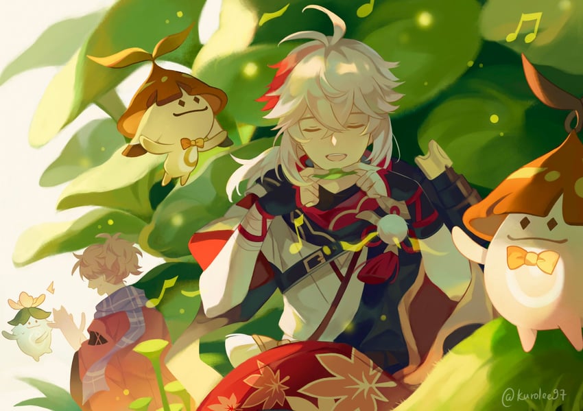 kaedehara kazuha, aranara, kazuha's friend, aradasa, and aramani (genshin impact) drawn by kuro_lee