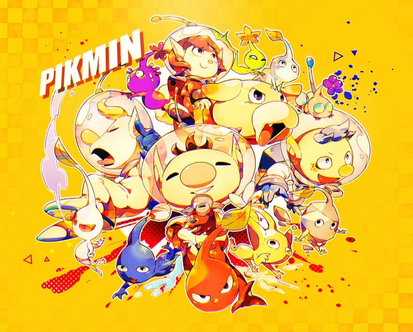 red pikmin, olimar, yellow pikmin, blue pikmin, purple pikmin, and 9 more (pikmin) drawn by shirushiki