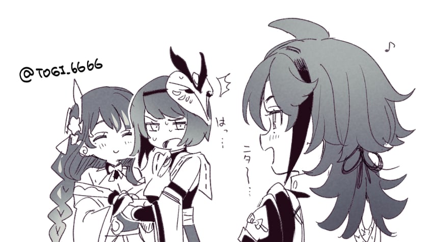 raiden shogun, kujou sara, and shikanoin heizou (genshin impact) drawn by togi_(togijiru)